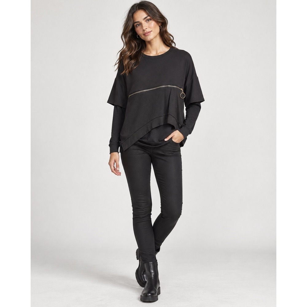 Kate Hewko Black Asymmetrical Layered Zipper Sweatshirt Top Womens One Size